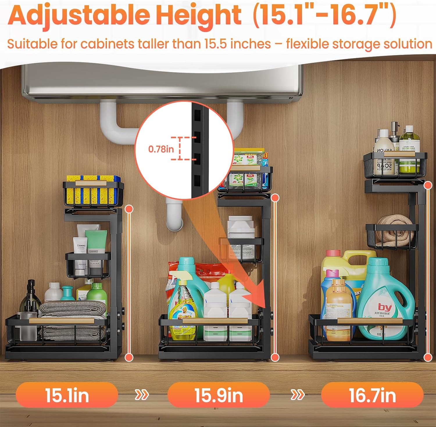Under Sink Organizer - 3 Tier Pull Out Shelf Storage for Bathroom & Kitchen | 2 Pack Slide Out Drawers