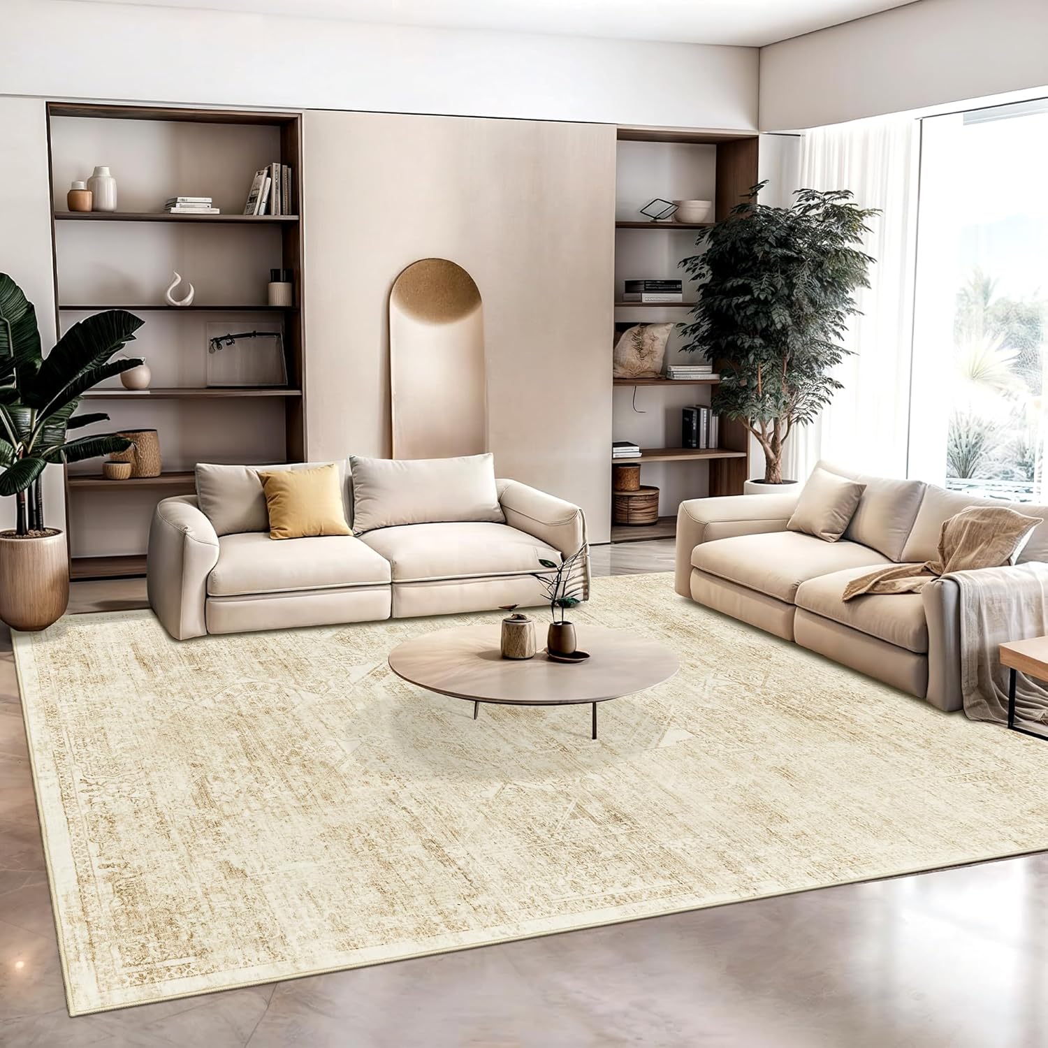 Soalmost Washable Area Rug - Vintage Beige 8x10 Soft Non-Slip Rug for Living Room & Bedroom