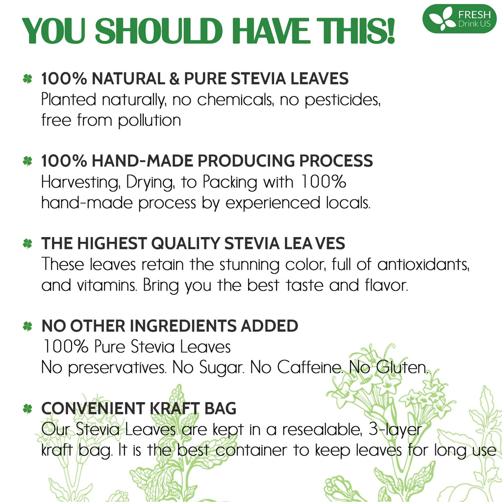 FreshDrinkUS, Premium 2.1oz Natural Stevia Leaves, 100% Pure Stevia Dried Leaves, Zero Calorie Sweetener, No Additives, No Caffeine, Vegan