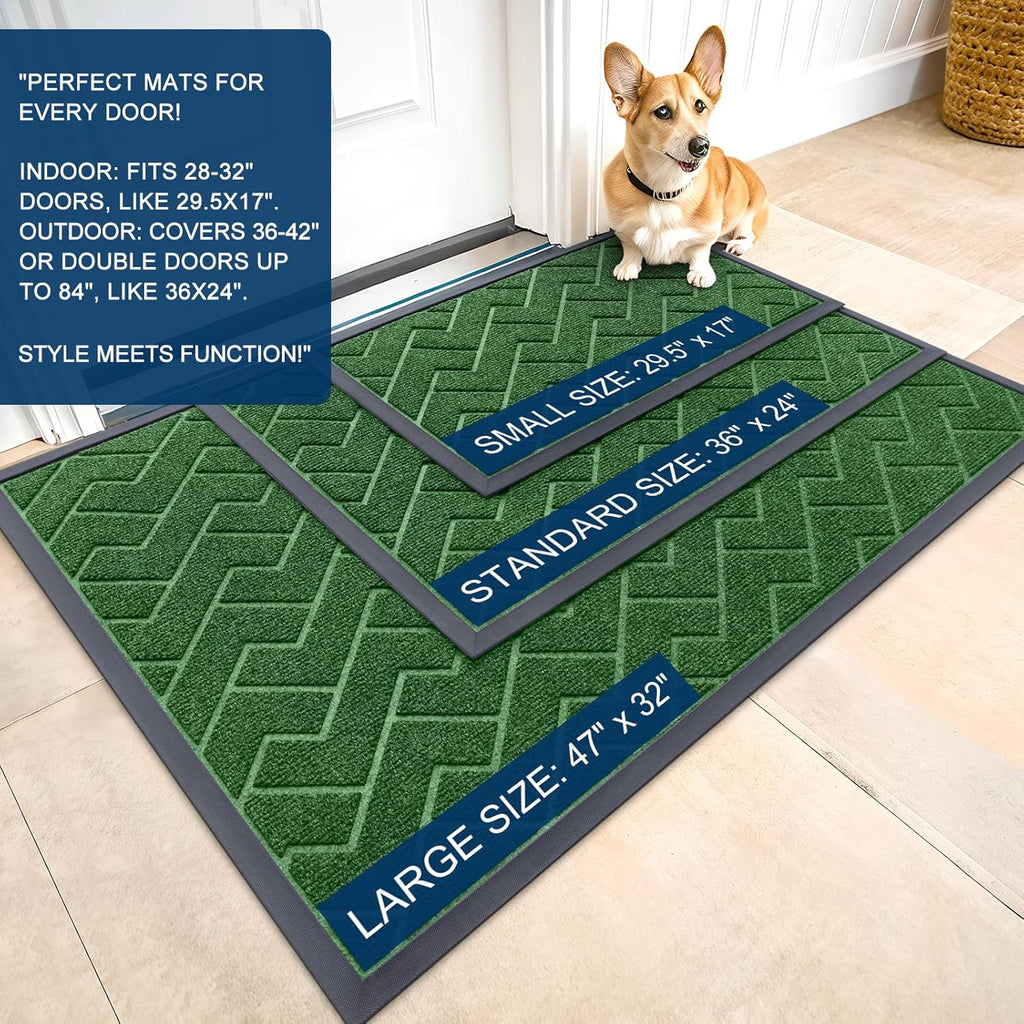 OLANLY Indoor Outdoor Front Door Mat - Waterproof All-Weather Herringbone Design | Easy Clean, 71x47 Inches, Green