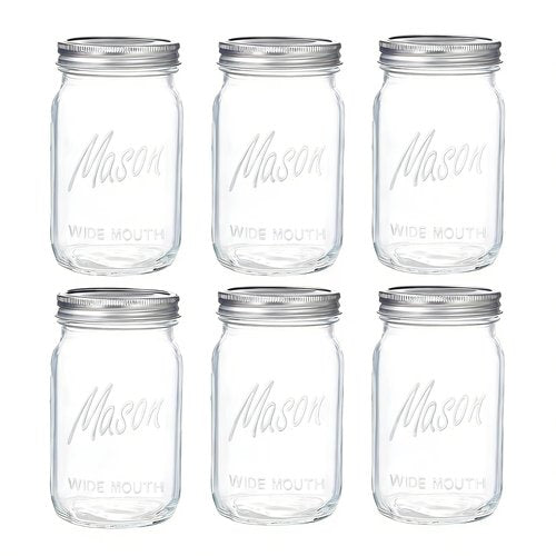 WELLIFE Wide Mouth Mason Jars, 6 Pack Mason Jars 32 oz for Pickling, Canning, Fermenting and Food Storage, Microwave & Dishwasher Safe