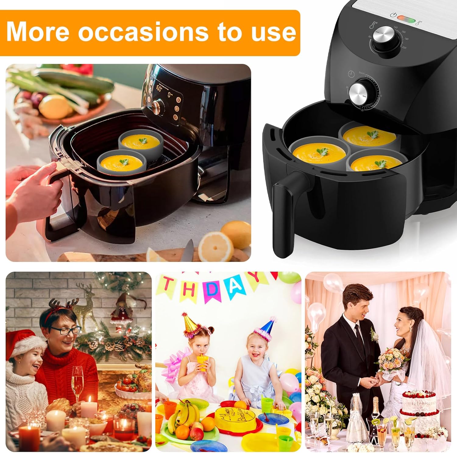 Skiennix Silicone Air Fryer Molds - 4-Inch Nonstick Reusable Egg Cups | Dishwasher Safe (3 Pcs - Grey)