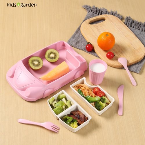Kids garden Car Plate 8Pcs/Set Bamboo Children Dinnerware Sets - Dishwasher/Microwave Safe Includes Cutlery, Beautiful Plate, Separable Bowls & Cup Happy MealTime, Pink