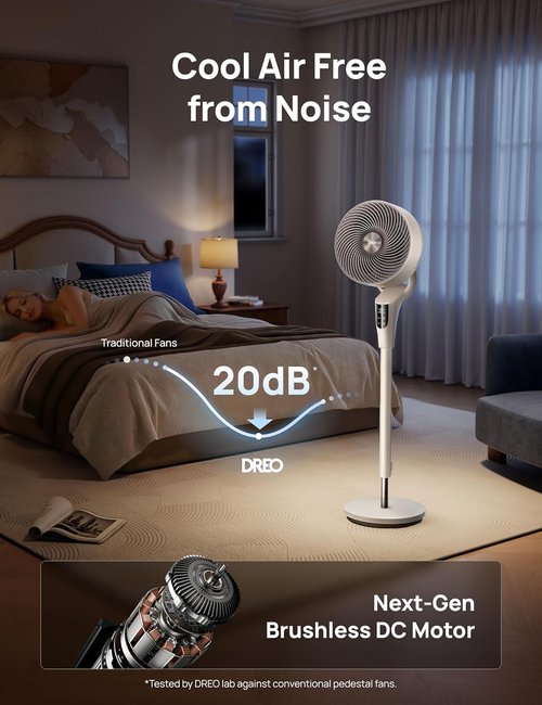 DREO 2026 Upgraded Oscillating Fan - 90ft Airflow, 20dB Quiet Operation, Adjustable Height 38-42''