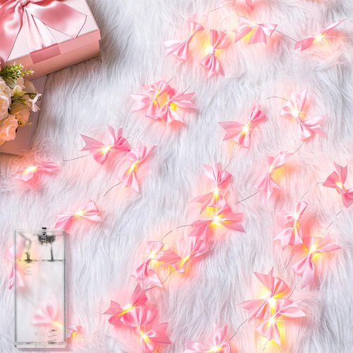 Glooglitter 10ft 30 LEDs Pink Bow String Lights Battery Operated Coquette Birthday Decor Cute Pink Bow Fairy Lights for Bedroom Party Birthday Wedding Valentines Decorations