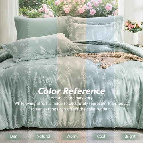 MUXHOMO Queen Comforter Set - 7-Piece Sage Green Reversible Bedding with Botanical Design & Ultra Soft Sheets