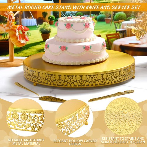 Wenqik 18 Inch Christmas Cake Stand Gold Metal Round Cupcake Dessert Stand with Cake Cutting, Spatula Xmas Cupcake Pastry Display Candy Holder Display for Xmas Wedding Birthday Party(flower, 18 Inch)