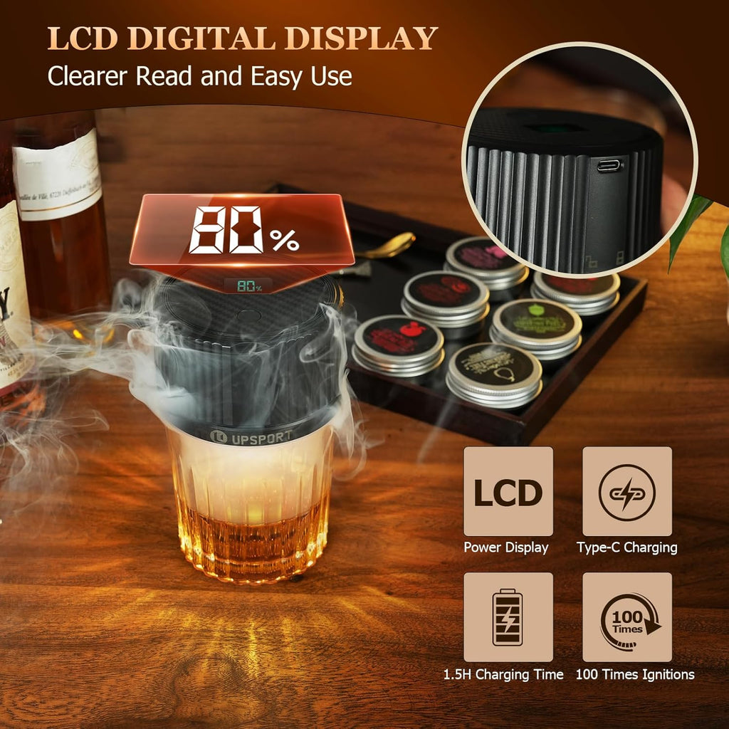 Old Fashioned Cocktail Smoker Kit - Rechargeable Electric Whiskey Smoker with 4 Light Modes & 6 Wood Chips
