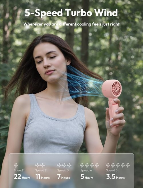 Aecooly Portable 3-in-1 Turbo Handheld Fan - USB Rechargeable Mini with 22H Cooling Time | Pink