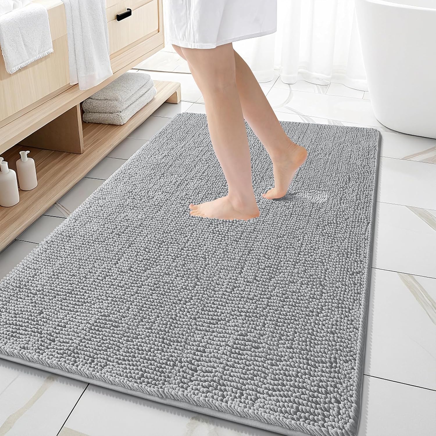 OLANLY Large Bath Rugs - Extra Soft Chenille with Quick-Dry Rubber Backing | 59x35, Light Grey