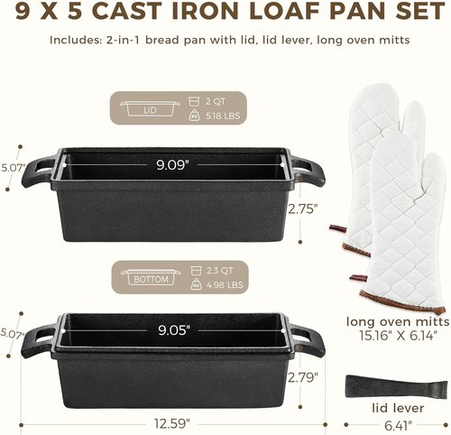 HONGBAKE Cast Iron Bread Pan - 2 in 1 with Lid & Lever | Pre-Seasoned Nonstick 9x5 Sourdough Baking Pan