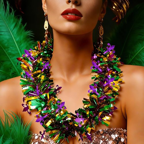 Mega-L 12 Pcs Necklace for Mardi Gras, Mardi Gras Decorations, 19 inch Tinsel Garlands Metallic Purple Green Gold Photo Booth Prop Backdrop for Parade, Carnival Celebrations, Mardi Gras Party Decorations