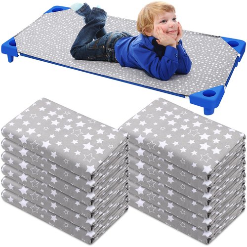 Peryiter 6 Pcs Cot Sheets for Daycare Standard Size 24" x 51" Toddler Nap Mat Sheets Star Pattern with Corner Elastic Loops Breathable Bed Fitted Cot Crib for Preschool Child Kid Boy Girls (Gray)