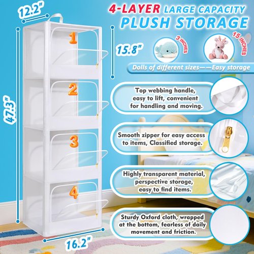 Transparent Dustproof Stuffed Animal Storage - Plushies Storage with Zipper Easy Find Items More Capacity Toy Organizer Horizontal & Vertical Dual-Use 4-Tier Space-Saving Organizer for Kids Room
