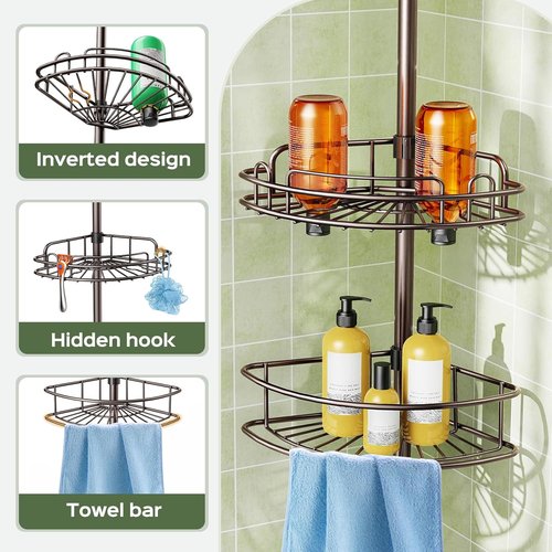 HAMITOR Corner Shower Caddy - 4-Tier Rust-Resistant Adjustable Organizer | No-Drill Quick Install - 47-121 Inch - Bronze