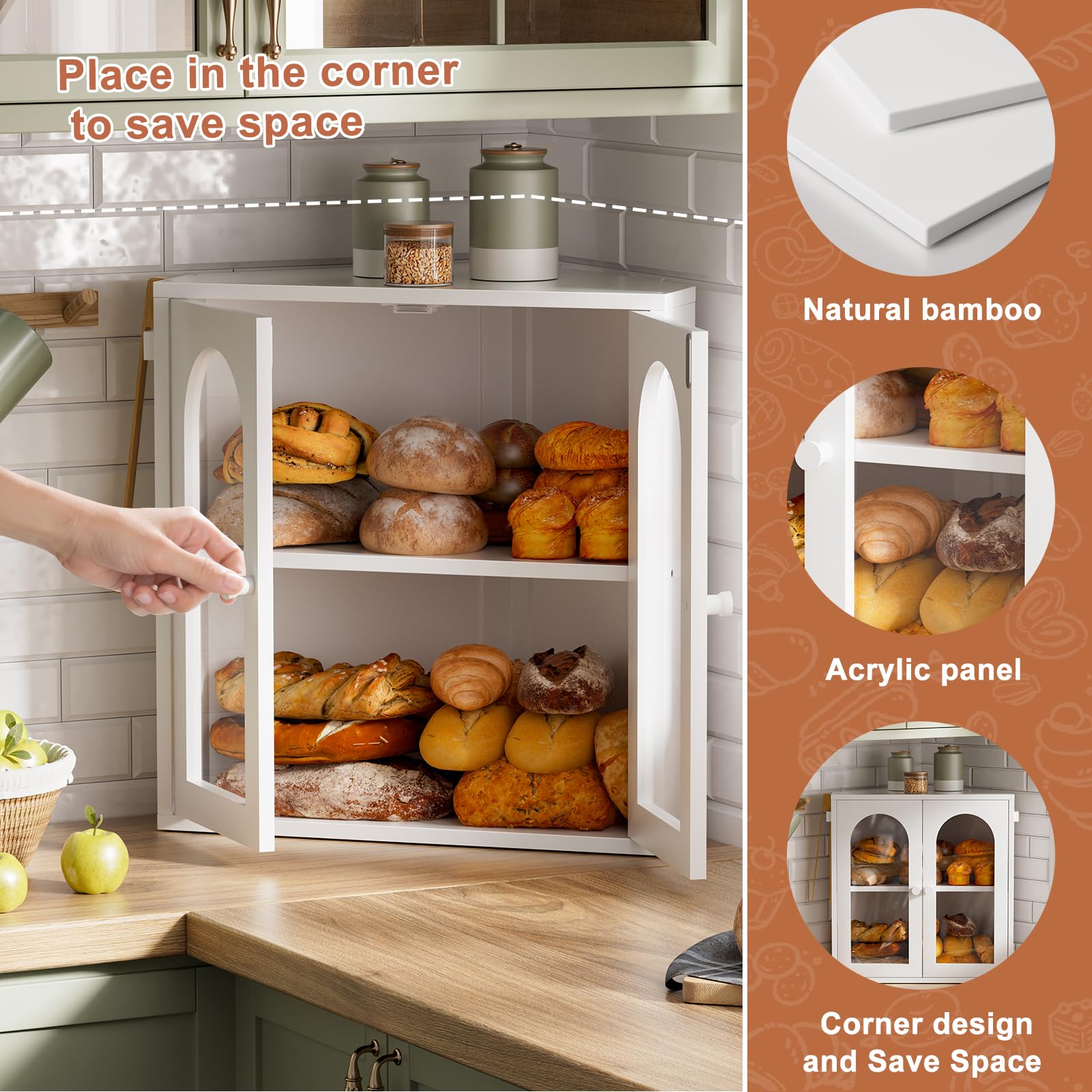 WOWLIVE Corner Bread Box for Kitchen Countertop, 2 Tier Bamboo Bread Storage Container for Homemade Bread with Clear Acrylic Door Panel, Bread Bin Farmhouse Breadbox Organizer (White, Extra Large)