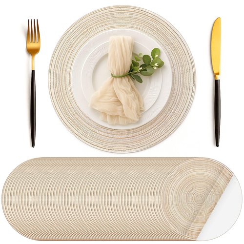 Geosar 100 Pcs Disposable Paper Placemats Cotton Woven Look 13'' Round Placemats Rustic Disposable Table Pads Bulk for Dining Table Decoration Birthday Wedding Bridal Baby Shower Party(Beige)