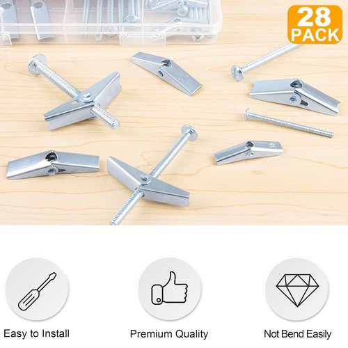 KURUI Heavy Duty Hollow Wall Anchors - 28-Piece Metal Toggle Bolt Kit for Drywall | 3 Sizes Included