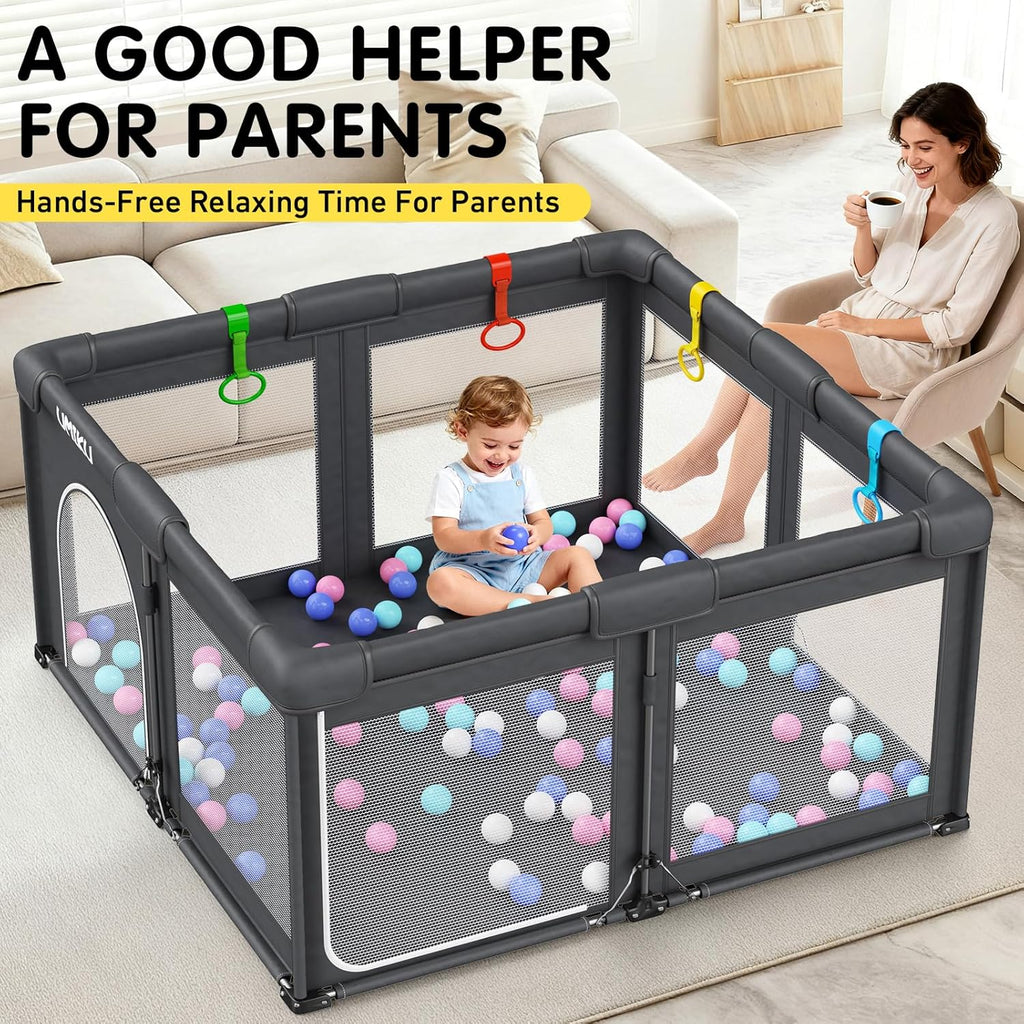 Skiennix Foldable Baby Playpen - Large Portable Play Yard for Toddlers | Indoor/Outdoor Use, 50"X50", Dark Grey