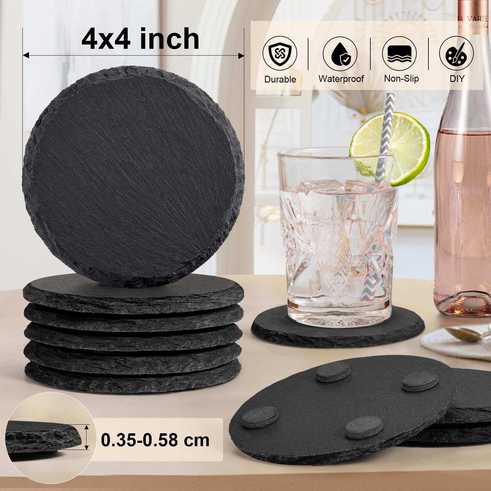 60 PCS Slate Coasters Bulk, MAPRIAL 4 Inch 30PCS Black Round, 30PCS Hexagon Stone Coasters for Laser Engraving, Handmade Drink Coaster Engravable Blanks Material for Engraver, Crafts, Gifts