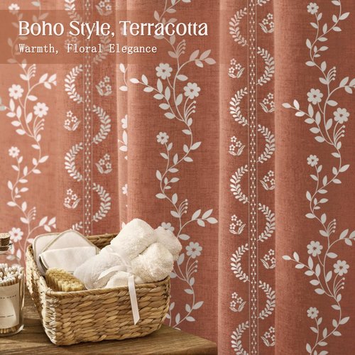 NDDYCU Vintage Boho Terracotta Shower Curtain, Floral Linen Patterned Shower Curtains for Bathroom with Tassels, 72 x 72