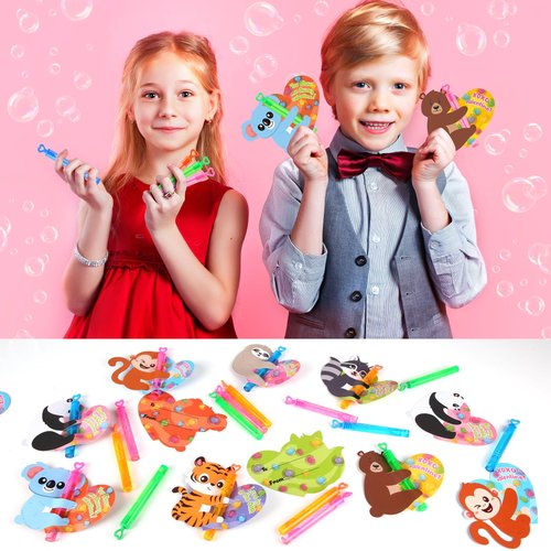 LEASEN Valentines Day Gifts for Kids, 28 Pack Mini Bubble Wands with Greeting Cards Valentines Animal Themes for Kids, Valentine's Day Classroom Exchange Gifts School Prizes Party Favor