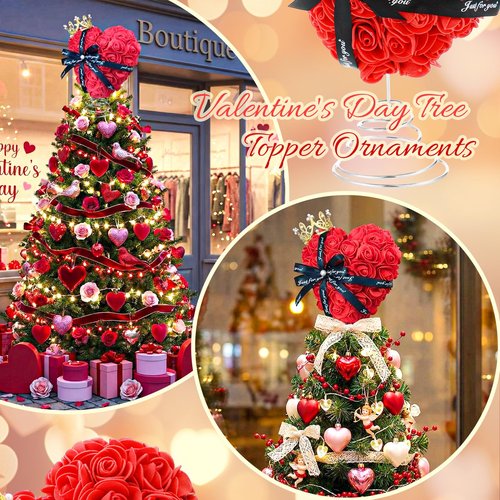 Capoda Valentine's Day Tree Topper Red Rose Heart Topper with Bows Decorations for Mini Christmas Tree 8 Inch Heart Treetop Ornaments for Valentines Galentines Day Holiday Wedding Party Supplies(Rose)