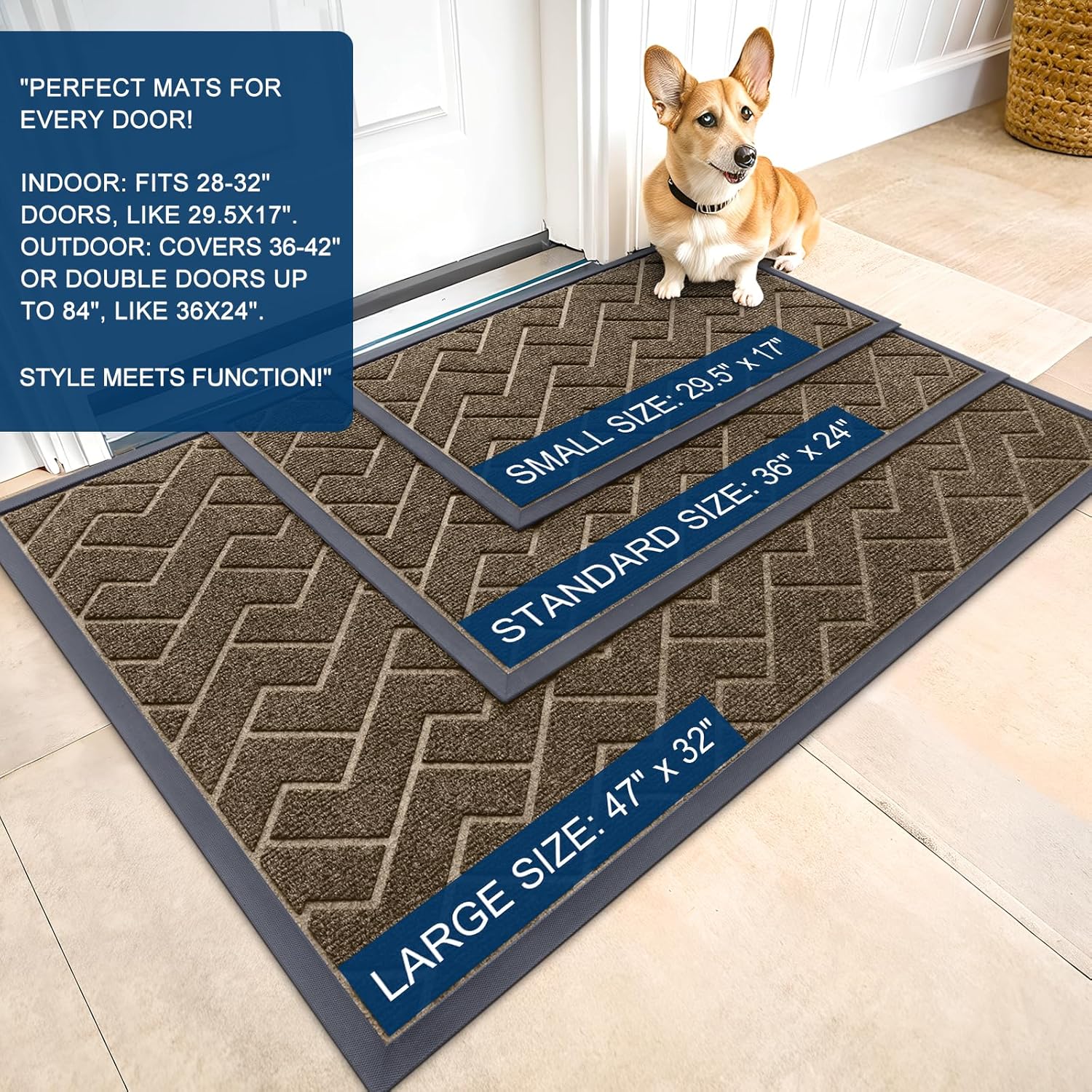 OLANLY Front Door Mat - Waterproof All-Season Doormat | Sturdy Natural Rubber, Herringbone Brick (Brown, 47x17)