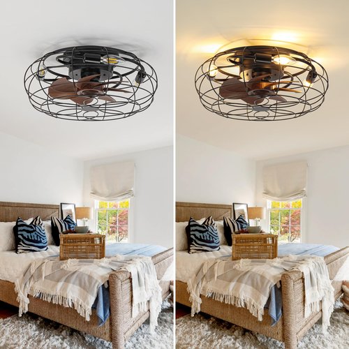 Caged Ceiling Fans with Lights and Remote 18" Black Flush Mount Outdoor Ceiling Fan lights Rustic Low Profile Reversible Bladeless Ceiling Fan for Patios,Farmhouse,Bedroom,Kitchen,Living room