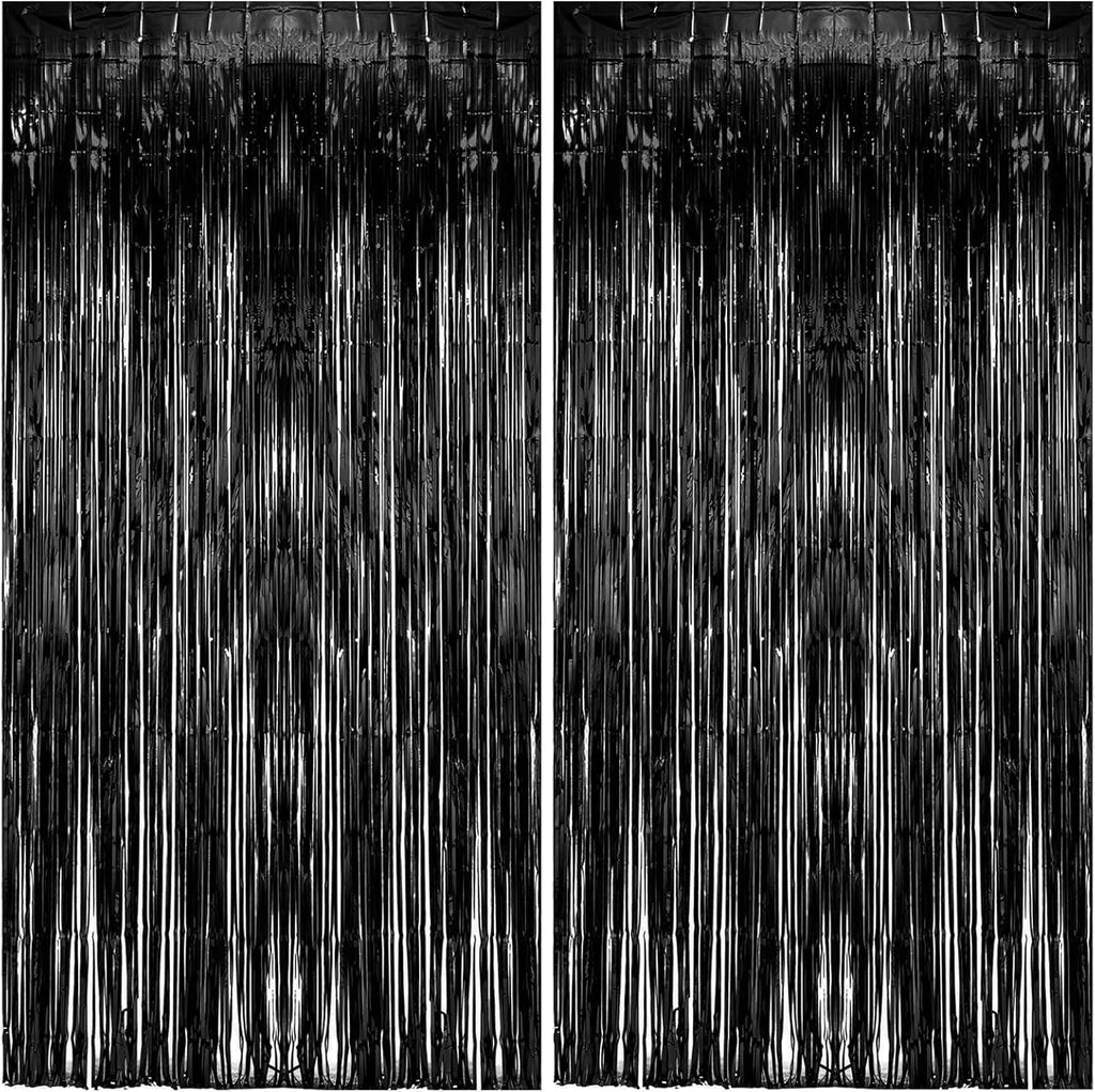 Skiennix Foil Curtain Backdrop - Black Metallic Tinsel Fringe for Photo Booths | 2 Pack Party Decorations