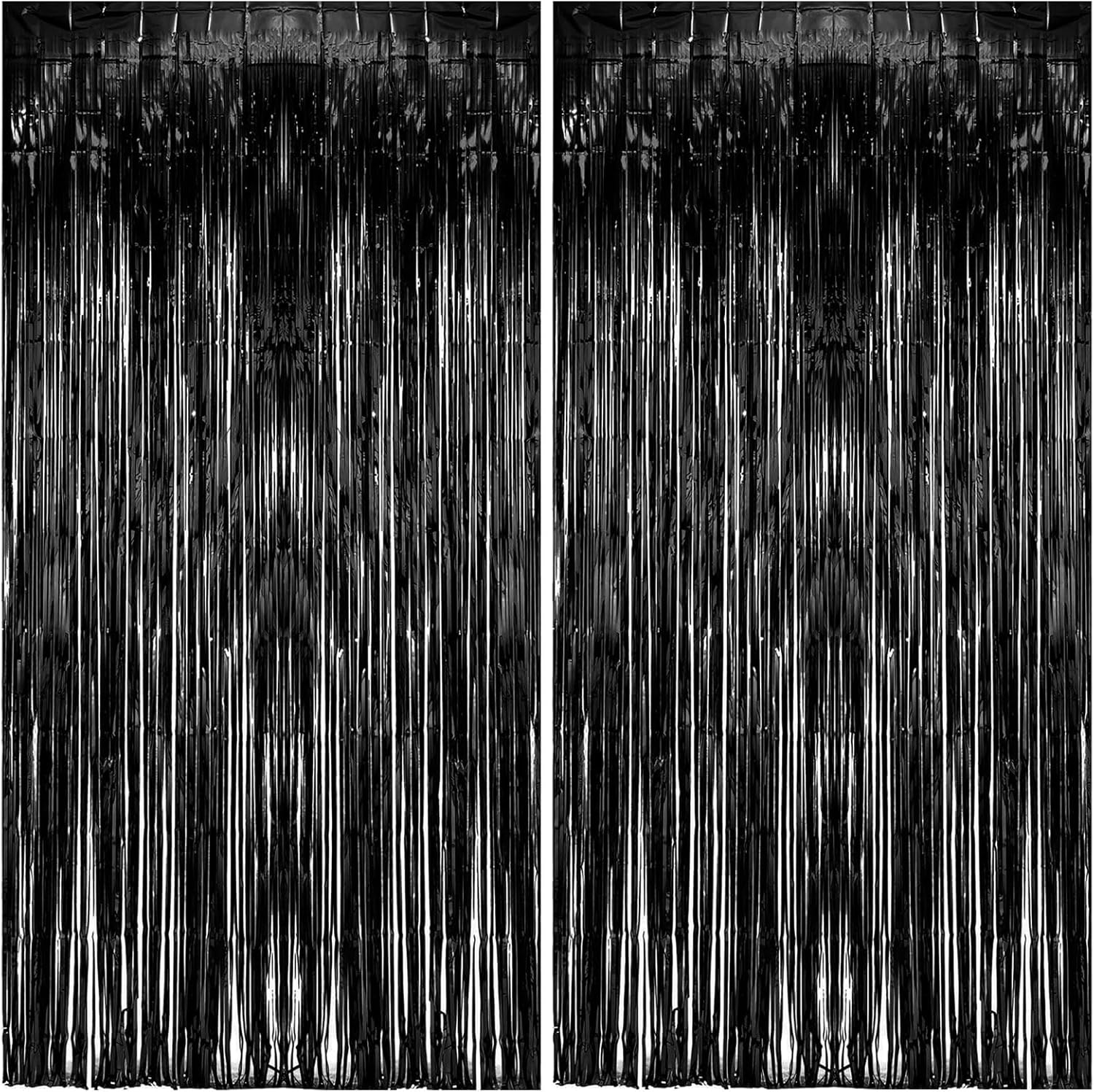 Skiennix Foil Curtain Backdrop - Black Metallic Tinsel Fringe for Photo Booths | 2 Pack Party Decorations