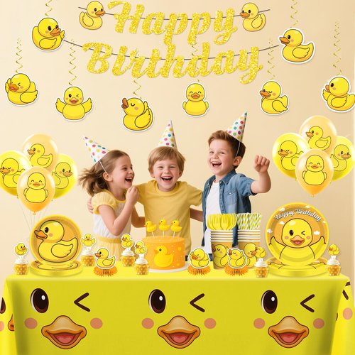 Xynic 195pcs Duck Birthday Decorations Tableware Complete Party Set, Serves 25 Guests, Duck Party Decorations, includes Duck-Theme Banner Plates Napkins Tablecloths etc, for Duck-Theme Birthday
