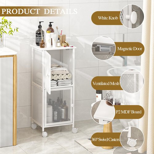 Small Bathroom Storage Cabinet with Movable Wheels, Wooden Bathroom Standing Shelf with 2 Metal Doors, Slim Bathroom Storage Cart for Small Spaces, Laundry, Kitchen, Narrow stand Storage Unit, White