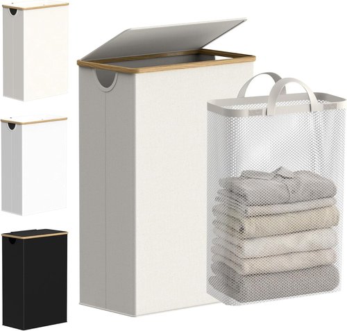 Efluky Slim Laundry Basket - Narrow Hamper with Lid & Removable Bag - 75L Beige for Bathroom & Bedroom