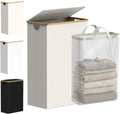 Efluky Slim Laundry Basket - Narrow Hamper with Lid & Removable Bag - 75L Beige for Bathroom & Bedroom