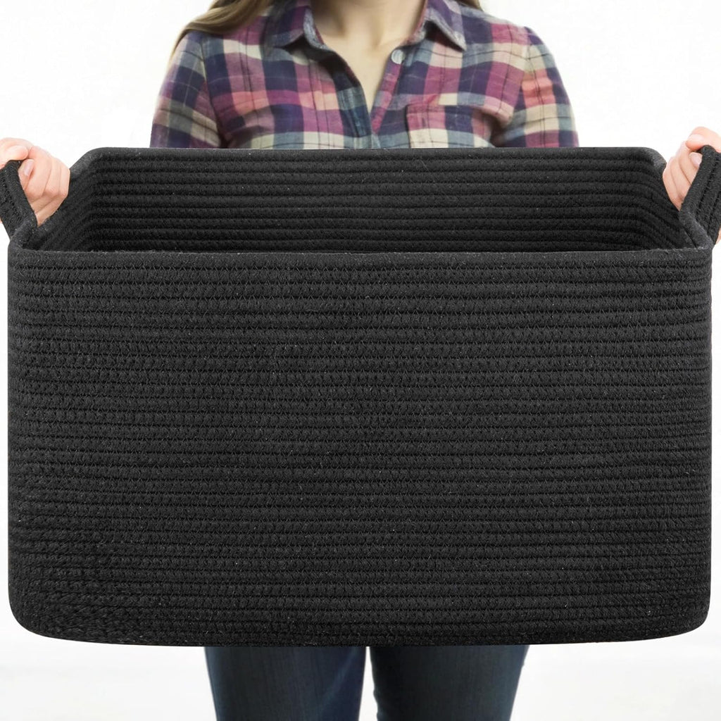 OIASKET Large Black Blanket Basket - Stylish Woven Storage for Toys, Towels & Laundry