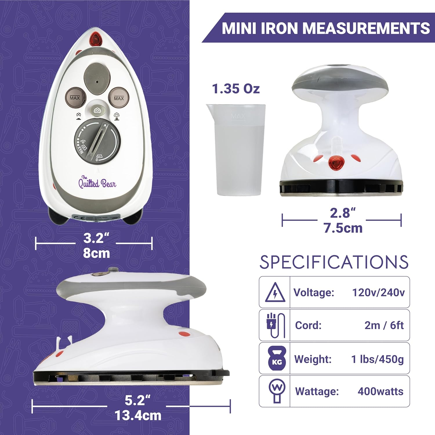 Quilted Bear Mini Steam Iron - Lightweight Travel Iron for Wrinkle-Free Clothes & Quilting - Black Hard Shell Case
