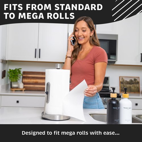 Heavy-Duty Stainless Steel Paper Towel Holder - Easy One-Handed Tear with Suction Cups - Modern Weighted Standing Countertop Dispenser for Kitchen - Holds All Paper Towel Rolls, Silver