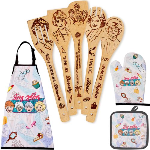 Golden Gifts for Women,Kitchen Utensils Set,Golden Wooden Cooking Spoons with Apron Oven Mitt Potholder for Fans,Great Birthday Wedding and Housewarming Christmas 8pcs