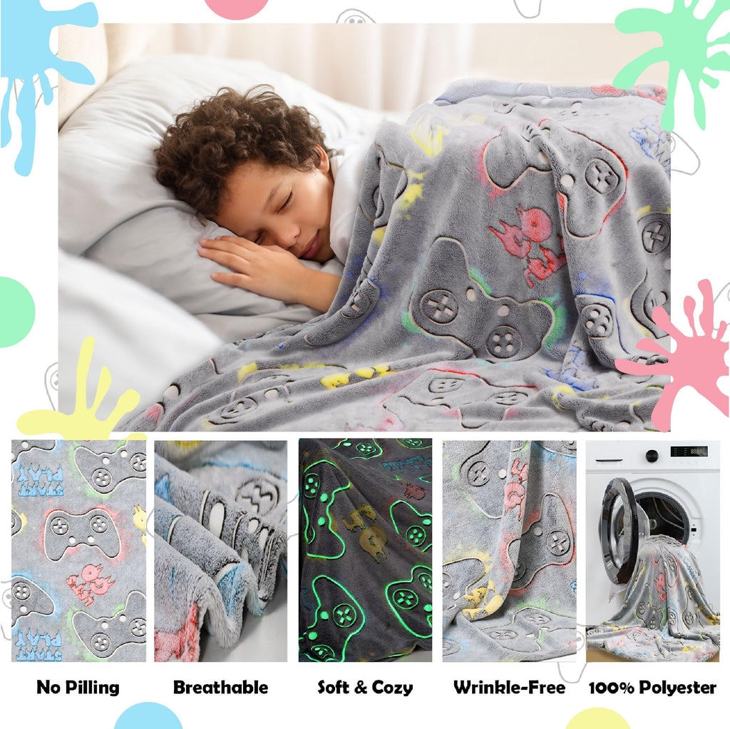 Glow in The Dark Blanket Gamer Controller Throw Blanket, Soft Gaming Gifts Toys for Boys Kids Teens Men Adults, Cozy Gamepad Game Decor for Birthday Bedroom Halloween, 50"x60"
