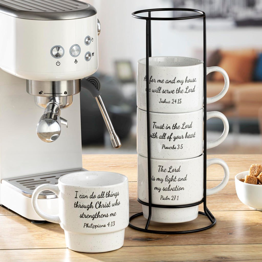 Signature Housewares Stackable Coffee Mug Tower Set with Metal Wire Rack - 15 Ounce Coffee Mugs for Coffee, Tea, Cocoa, Milk, Cappuccino, Hot Chocolate Set of 4 - Inspirational Bible Verses
