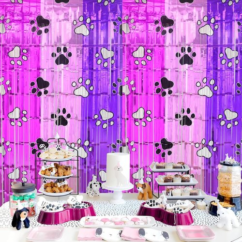 Bupelo Pink Paw Birthday Decorations - 2 Pack Tinsel Foil Fringe Curtains | Dog Party Backdrop 3.3 x 6.6ft