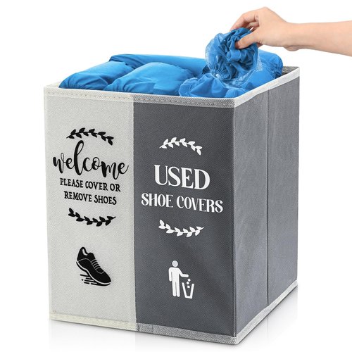 Singhoow Shoe Cover Box Dispenser Foldable Storage Bin Holder with Used Shoe Covers and Welcome Please or Remove Sign for Open House Supplies(Beige, Gray)