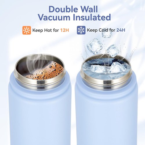 HASLE OUTFITTERS Insulated Water Bottle - 16 oz Double Wall Stainless Steel | Leak-Proof, Wide Mouth with Straw & Spout Lid (Light Blue)