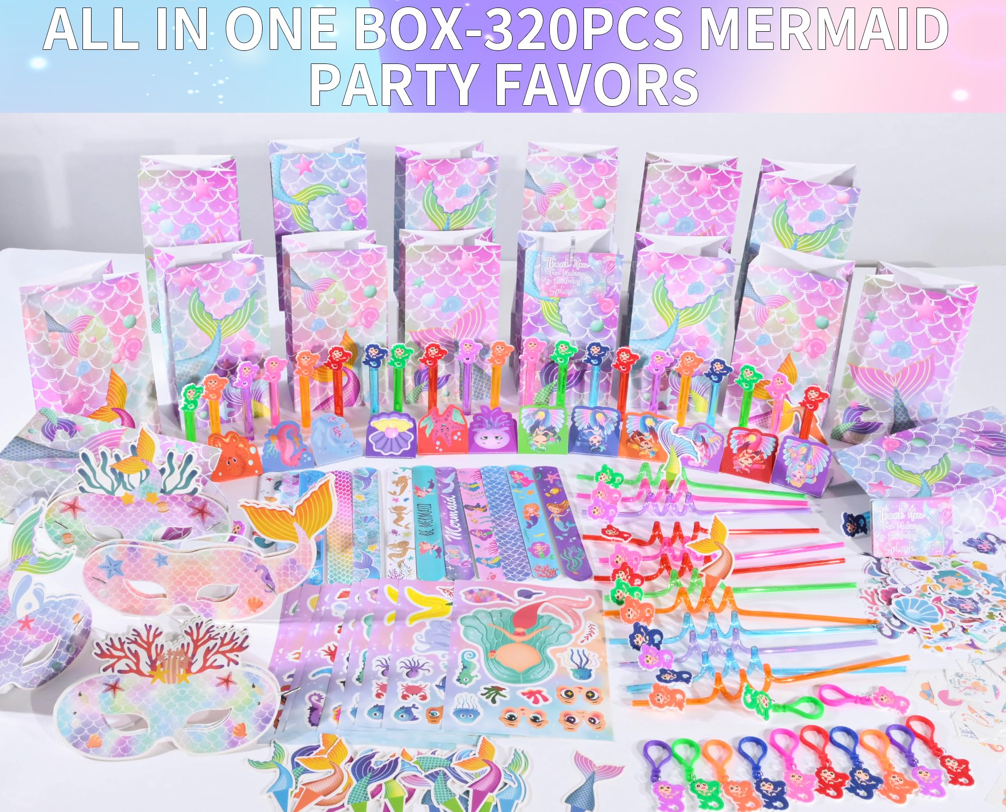 Rinfoeti 320PCS Mermaid Party Favors Birthday Decorations Supplies Kit with Goodie Bags, Bubble Wands, Straws, Masks, Stickers & More for 12 Guests
