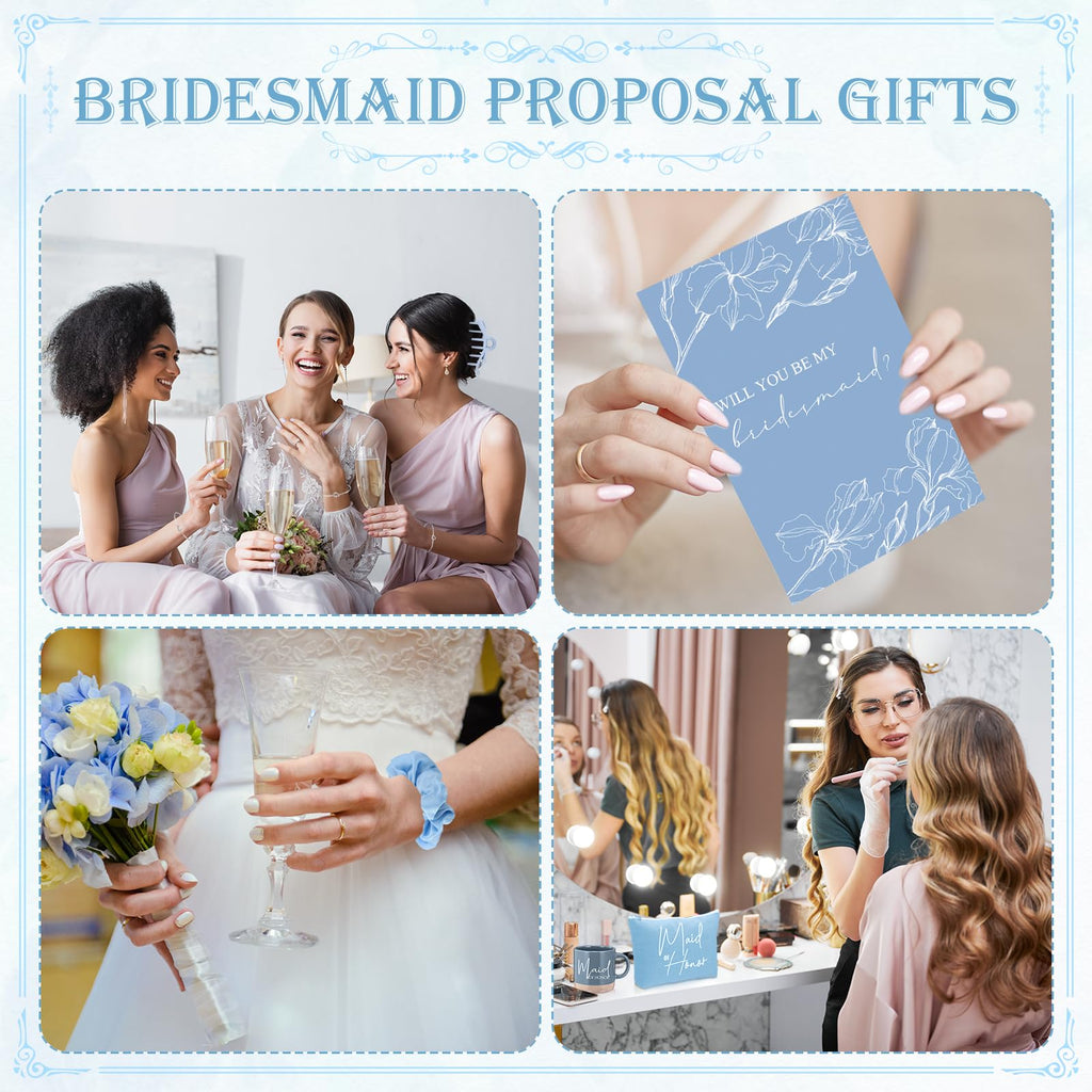 Didaey 42 Pcs 6 Sets Bridesmaid Proposal Gifts, Wedding Favors for Bridesmaids & Maid of Honor Ceramic Coffee Mugs Makeup Bags Invited Cards Scrunchies Bracelets Jewelry Bags Hair Clips(Blue)