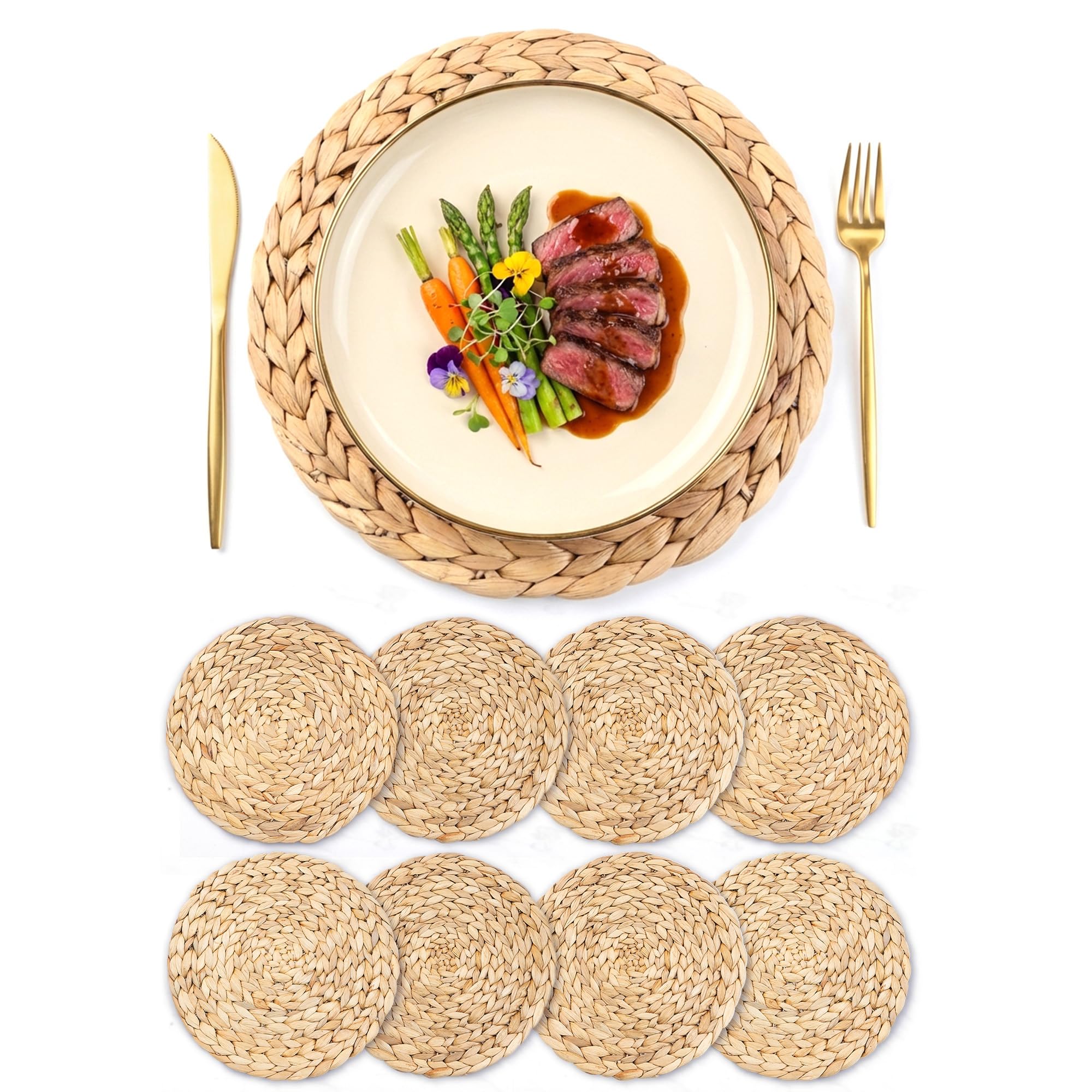 12 inch Round Placemats Set of 8, Natural Herringbone Pattern, Table Mats Braided Heat Proof, Farmhouse Boho Table Place Mat Ourdoor Wicker Chargers for Dinner Plates