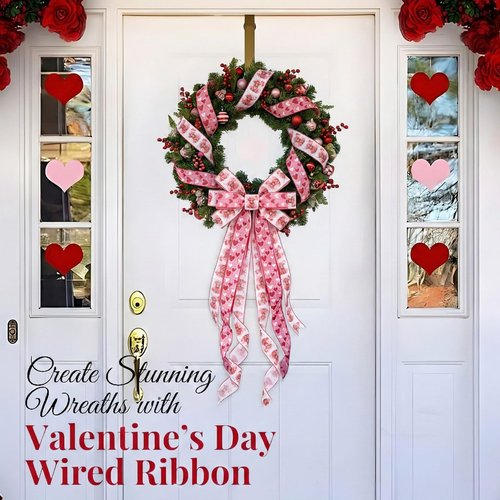 Bllavie 2 Rolls Valentine Wired Ribbon Heart and Love Plaids Fabric Ribbons Fawn Pattern Craft Ribbon for Gift Wrapping DIY Bow Wreath Craft Making
