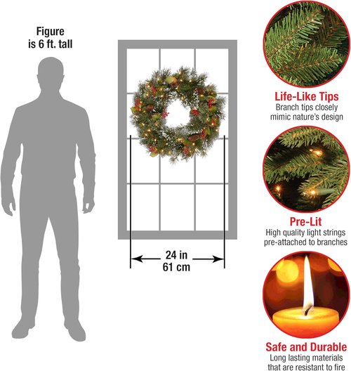 National Tree Company 24-Inch Pre-Lit Wintry Pine Flocked Christmas Wreath - 50 LED Lights, Pinecones & Berries
