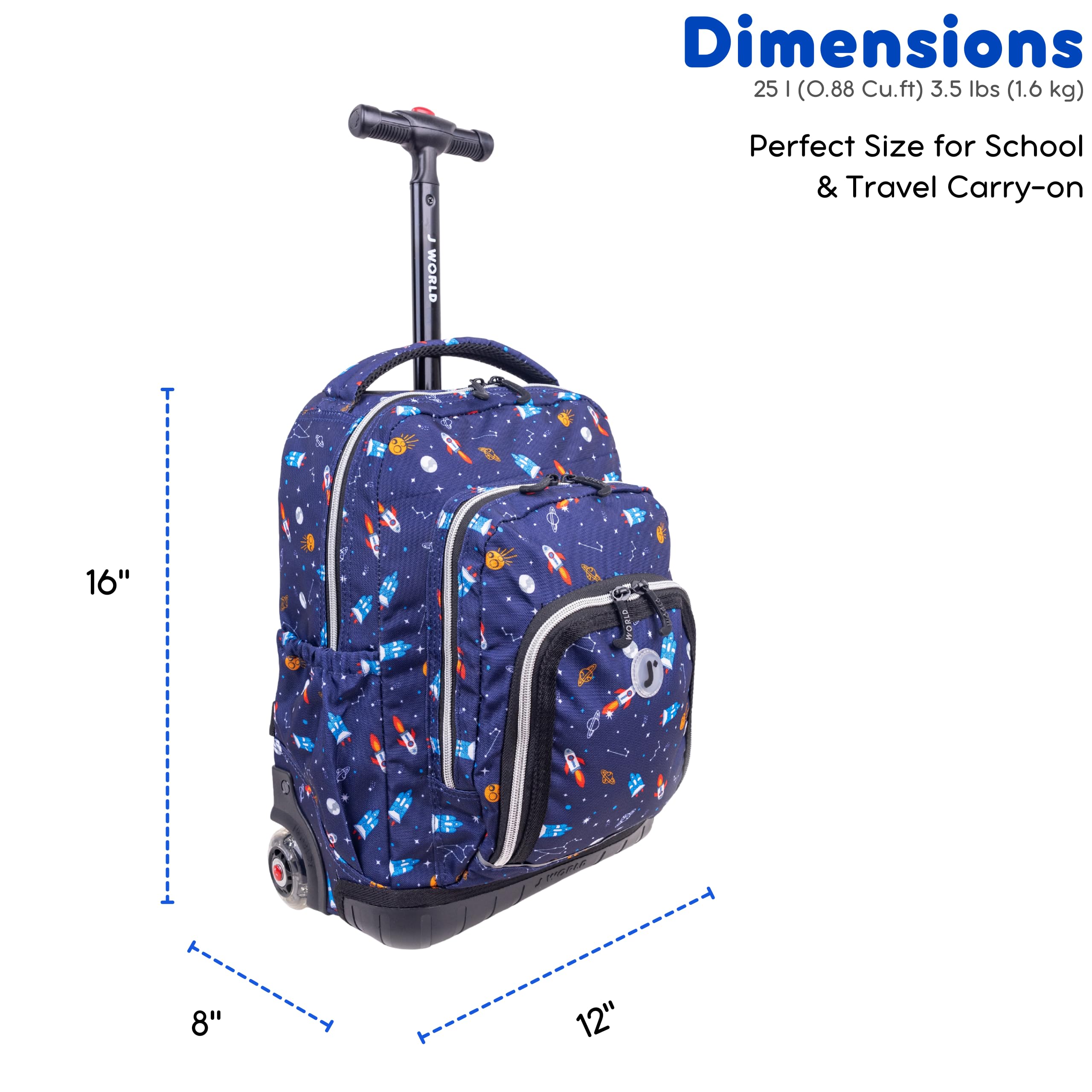 J World Lollipop Kids Rolling Backpack & Lunch Bag Set for Elementary School. Carry-On Suitcase with Wheels, Spaceship